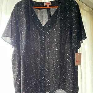 Black sheer polka dot flutter sleeve top